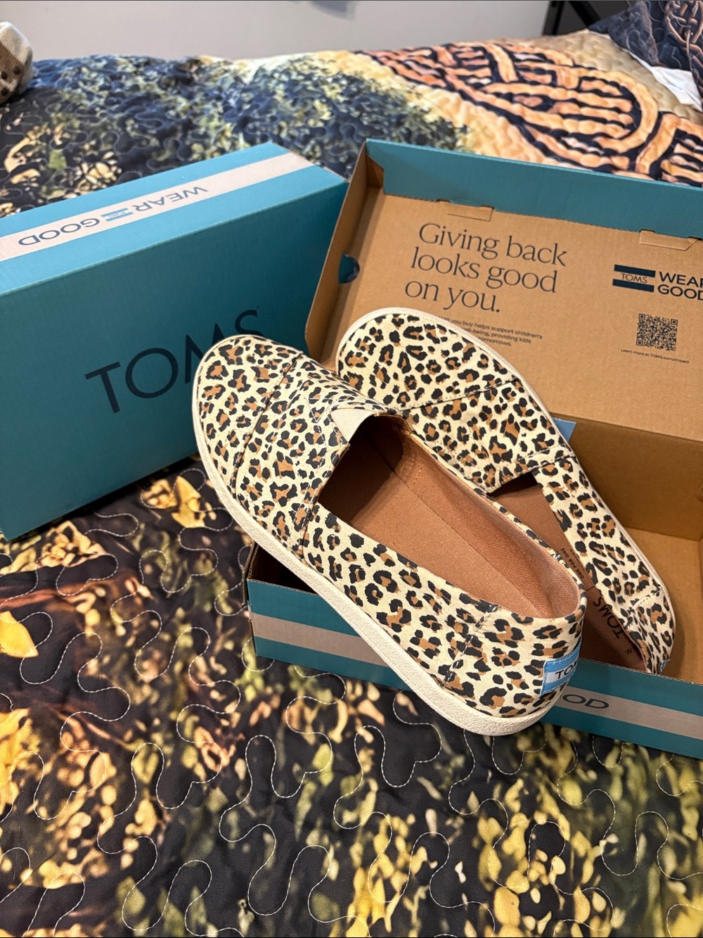 TOMS Leopard Print Canvas Slip-Ons in Tan and Black